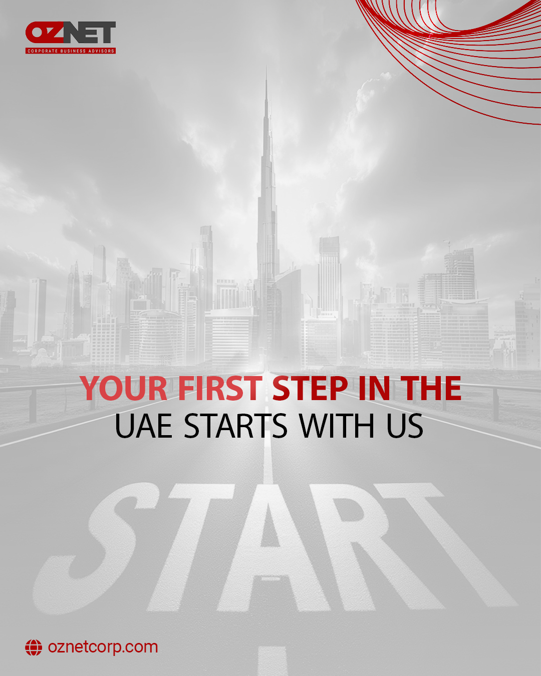 Promotional artwork emphasizing the starting point for corporate presence in the United Arab Emirates.